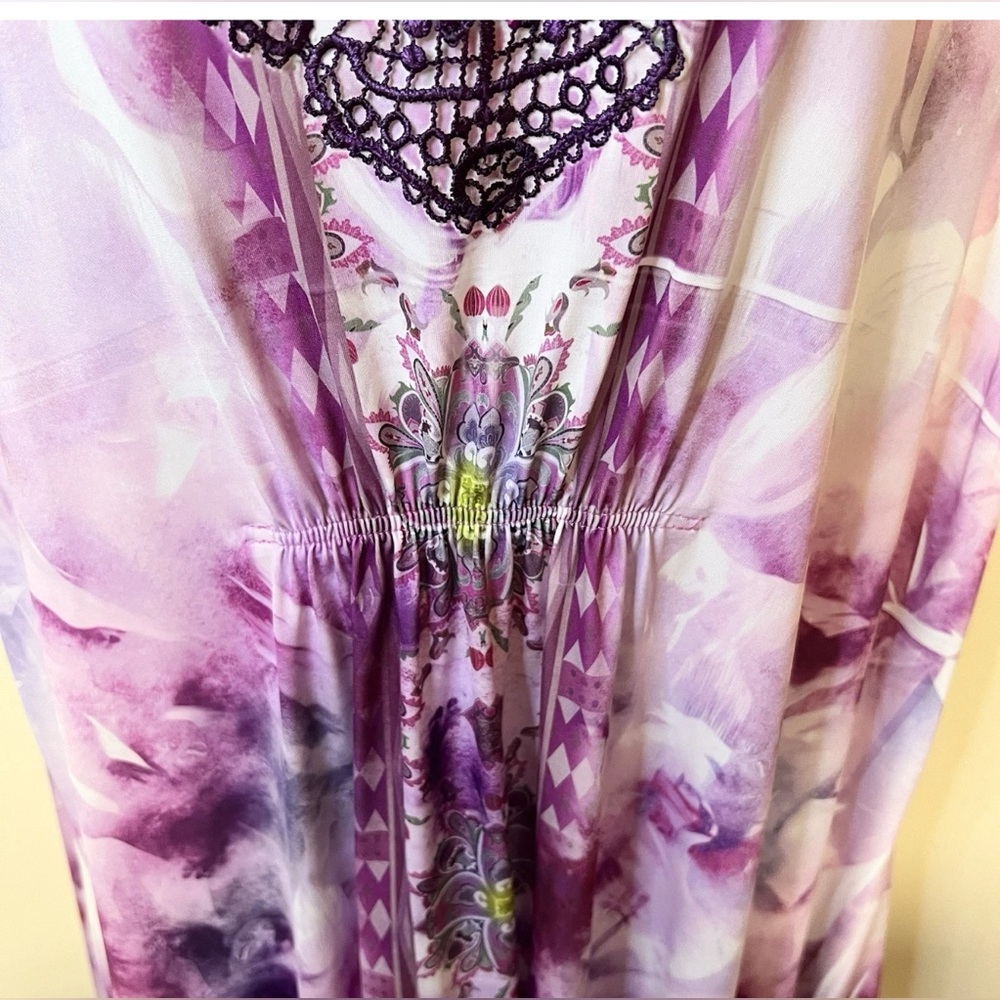 World Unity 2X Midi Dress Embellished Neck Purple Sheer Hem Crotchet Tie Dye - Picture 5 of 11